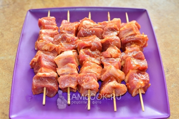 Выложить мясо на шпажках на тарелку