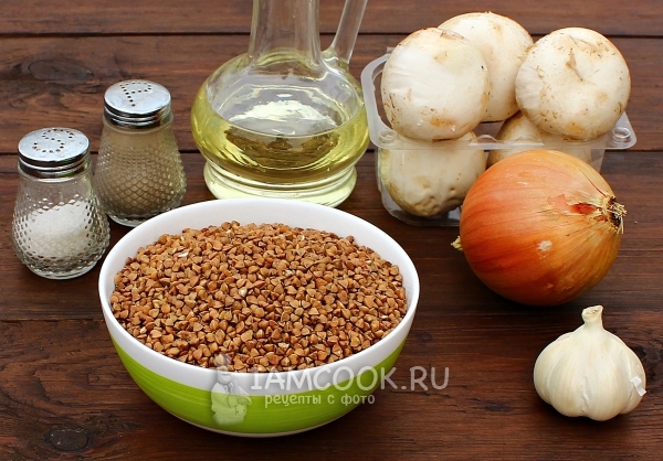 Ингредиенты для гречки с шампиньонами в мультиварке