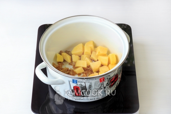 Положить в кастрюлю лук и картофель