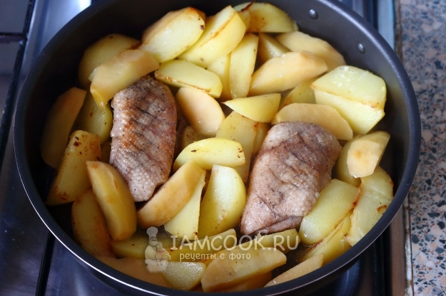 Фото утиной грудки с яблоками и картофелем