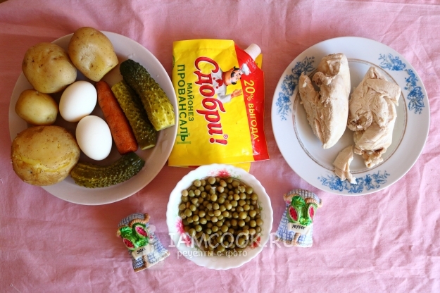 Ингредиенты для классического салата «Оливье» с курицей