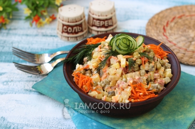 Рецепт оливье с колбасой и корейской морковью