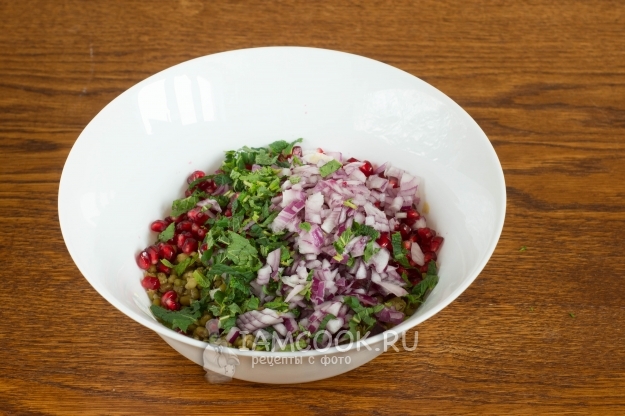 Соединить лук, гранат и мяту