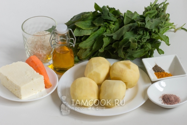 Ингредиенты для зеленого борща со щавелем и адыгейским сыром