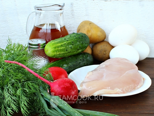 Ингредиенты для окрошки с курицей на квасе