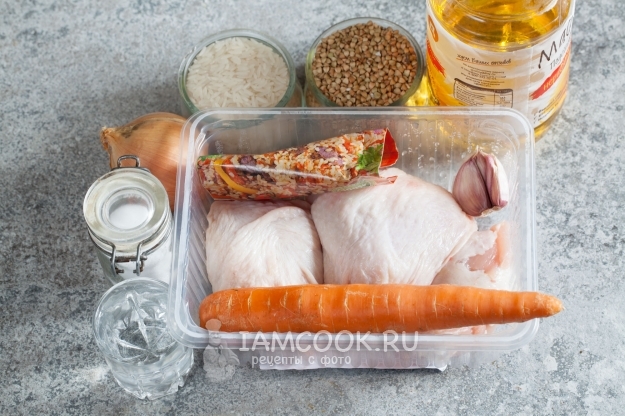 Ингредиенты для плова с рисом и гречкой