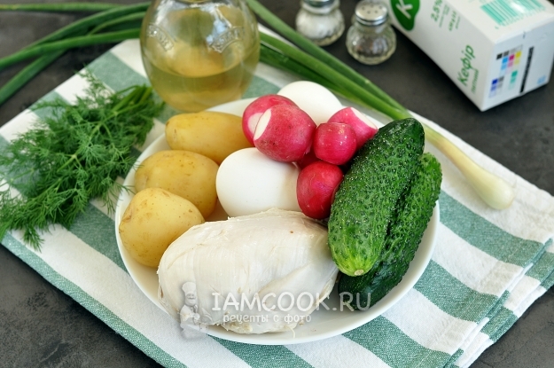 Ингредиенты для окрошки с куриной грудкой на кефире