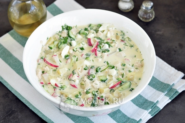 Рецепт окрошки с куриной грудкой на кефире
