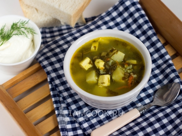 Зеленый борщ со щавелем и адыгейским сыром, рецепт с фото