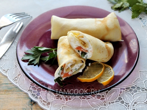 Блины с семгой и творожным сыром, рецепт с фото