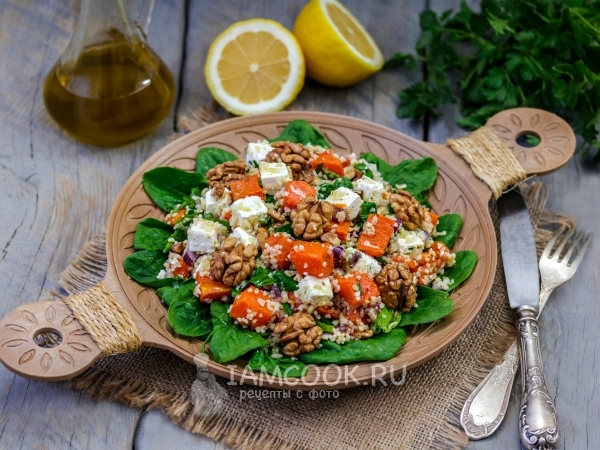 Салат с булгуром, печеной тыквой и сыром фета, рецепт с фото