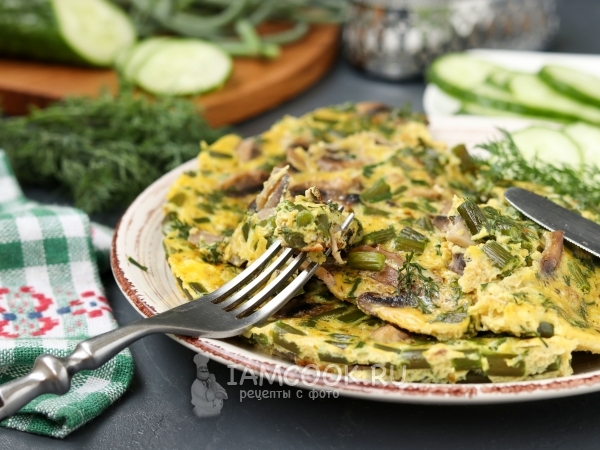 Омлет с шампиньонами и чесночными стрелками, рецепт с фото