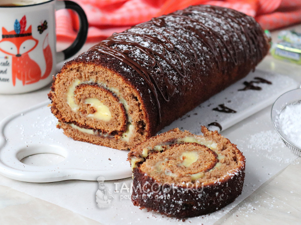Шоколадный рулет с заварным кремом, рецепт с фото
