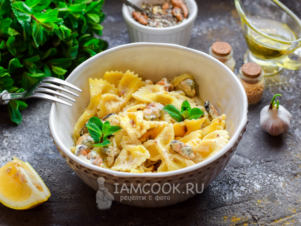 Макароны с мидиями в сливочно-горчичном соусе, рецепт с фото