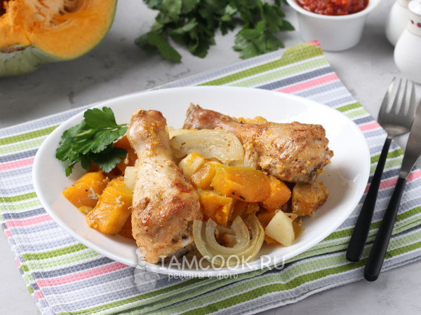 Тыква с курицей и картошкой в духовке, рецепт с фото