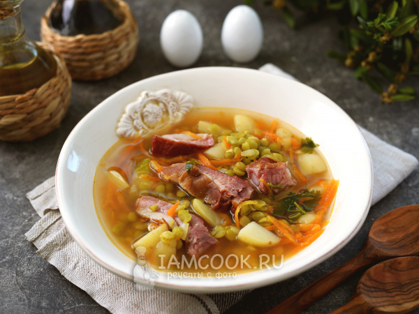Суп из зеленого колотого гороха с копчеными ребрами, рецепт с фото