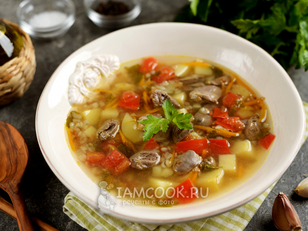 Суп с куриными сердечками и гречкой, рецепт с фото