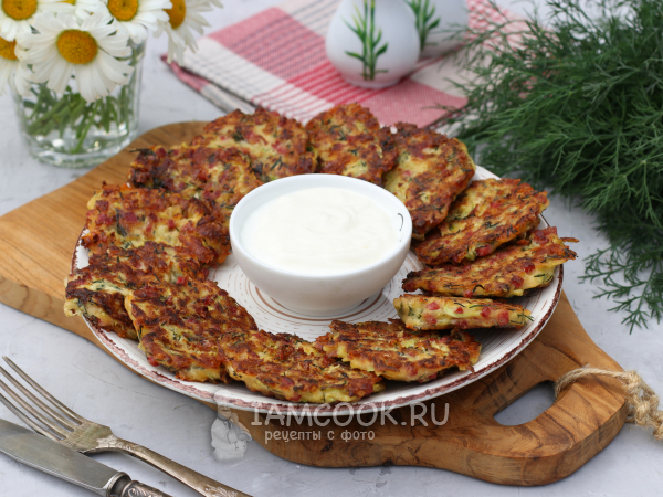 Кабачковые оладьи с колбасой и сыром, рецепт с фото
