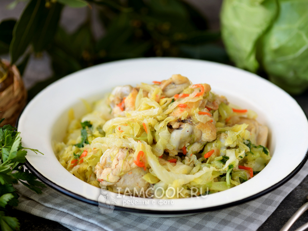 Тушеная капуста с куриными крылышками, рецепт с фото