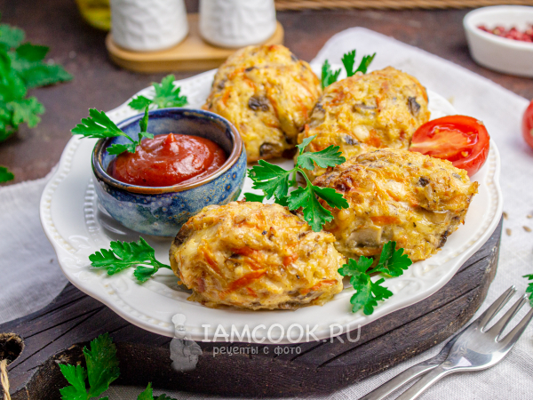 Куриные котлеты с грибами и сыром в духовке, рецепт с фото