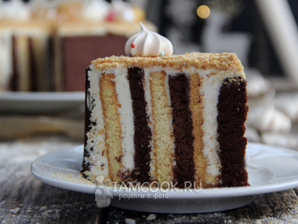 Торт «Зебра» без выпечки из печенья, рецепт с фото