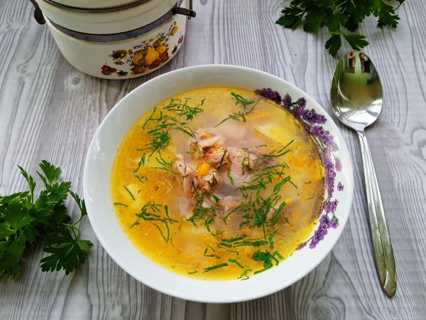 Суп с копченой курицей и рисом, рецепт с фото