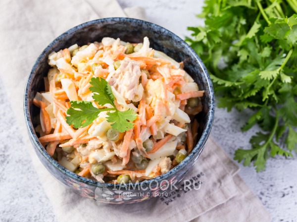 Салат с тунцом, яйцом и горошком, рецепт с фото