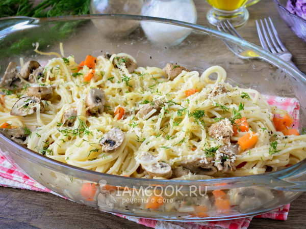 Спагетти с грибами в духовке, рецепт с фото