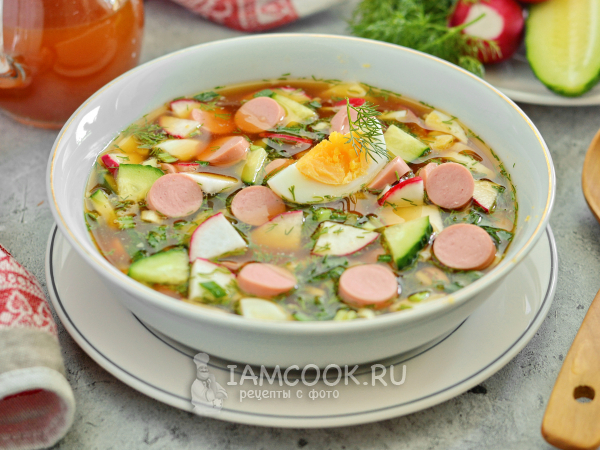 Окрошка с сосисками на квасе, рецепт с фото