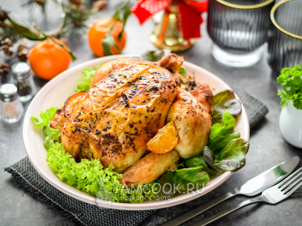 Курица с мандаринами в духовке (целиком), рецепт с фото