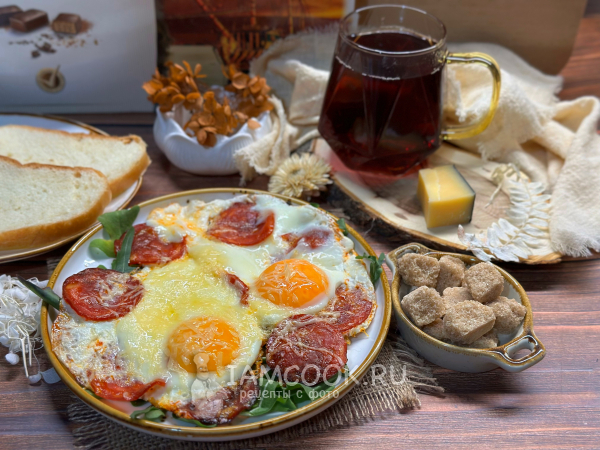 Яичница с колбасой и сыром, рецепт с фото