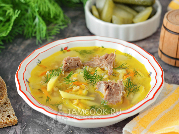 Рассольник со свининой и перловкой, рецепт с фото