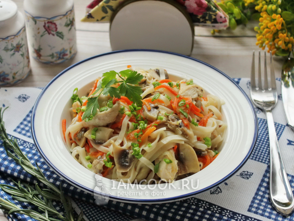 Лапша удон с курицей и грибами, рецепт с фото