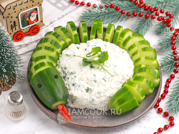 Закуска из огурца с соленым сыром в виде змеи, рецепт с фото