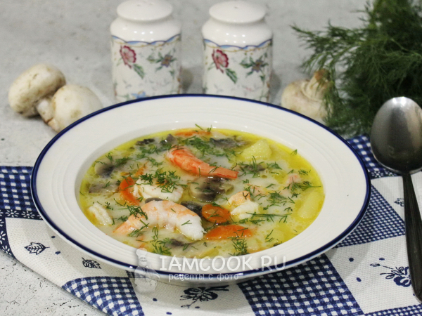 Сырный суп с креветками и грибами (шампиньонами), рецепт с фото
