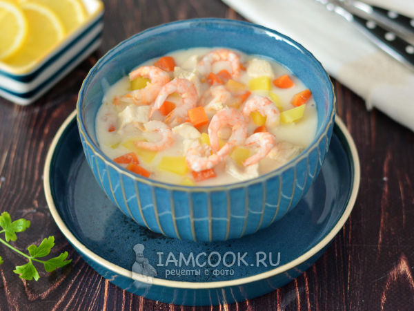 Сырный суп с курицей и креветками, рецепт с фото