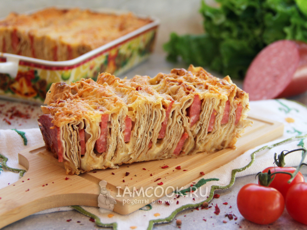 Пирог-гармошка из лаваша с колбасой, рецепт с фото