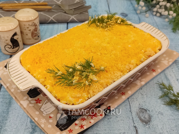 Салат «Мимоза» с колбасным сыром, рецепт с фото