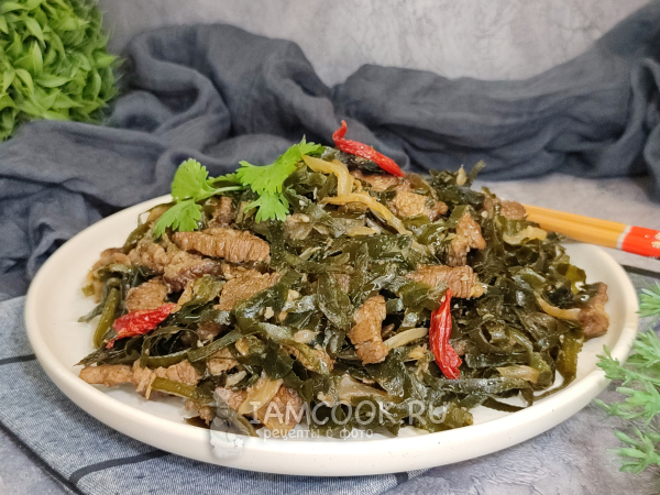 Меги ча (жареная морская капуста с говядиной), рецепт с фото