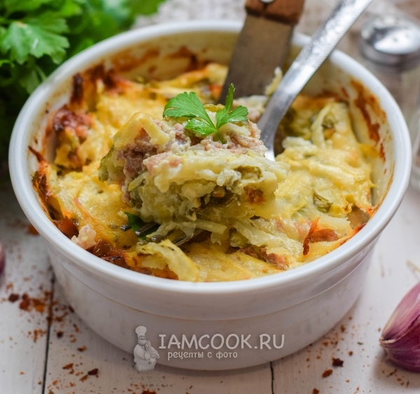 Рецепт запеканки с кабачками, фаршем и картофелем в духовке