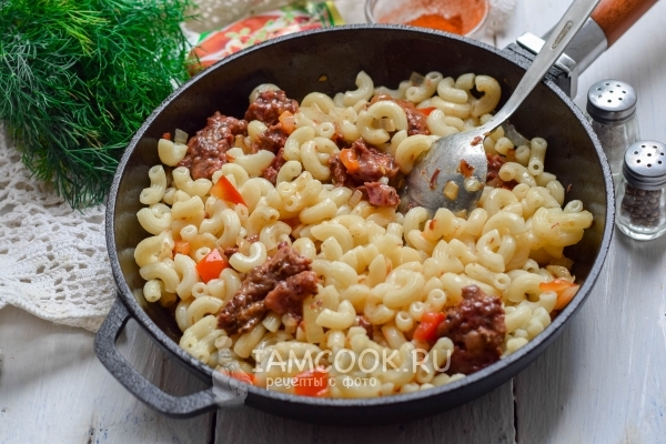 Фото макарон с тушёнкой на сковороде