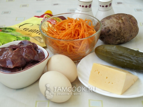 Ингредиенты для слоёного салата с куриной печенью