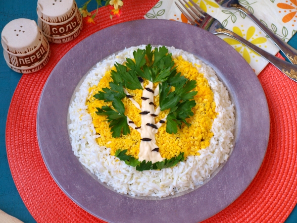 Фото салата «Березка» с куриным филе и черносливом