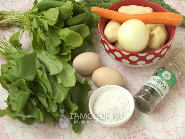 Ингредиенты для щавелевого супа с картофельным пюре и шпинатом
