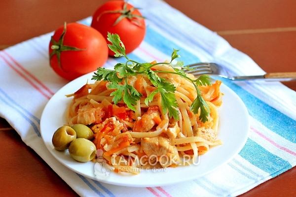 Фото лапши с овощами и куриным филе