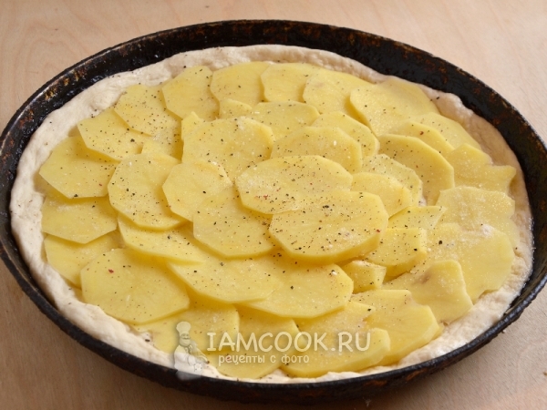 Положить на тесто картофель с солью и перцем