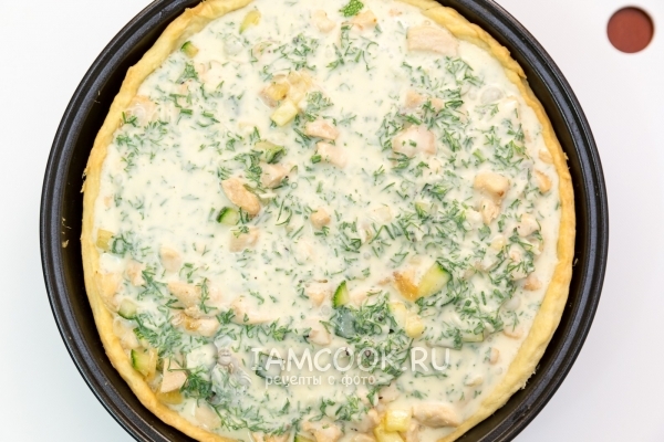 Выложить на тесто начинку и заливку