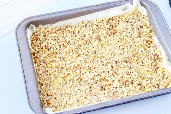 Положить на тесто орехи