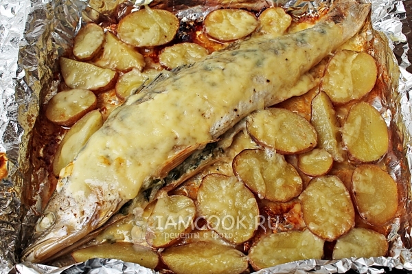 Готовый судак целиком с картошкой в духовке