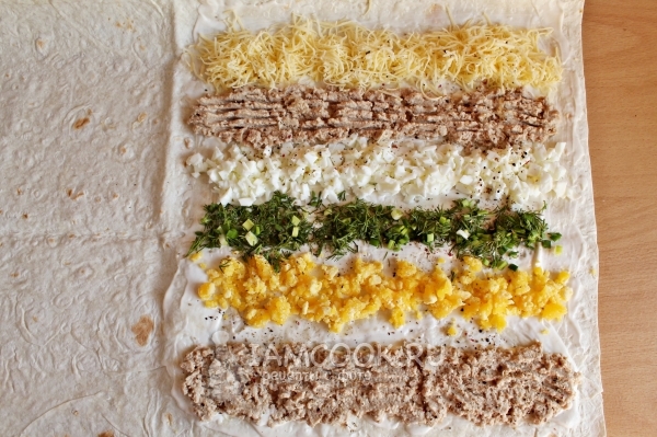 Выложить начинку на лаваш